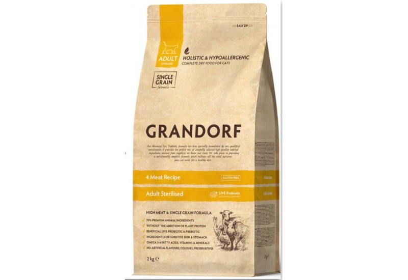 Grandorf 4 Meat & Brown Rice Adult Sterilized Cat-4 види м'яса для стерилізованих кішок